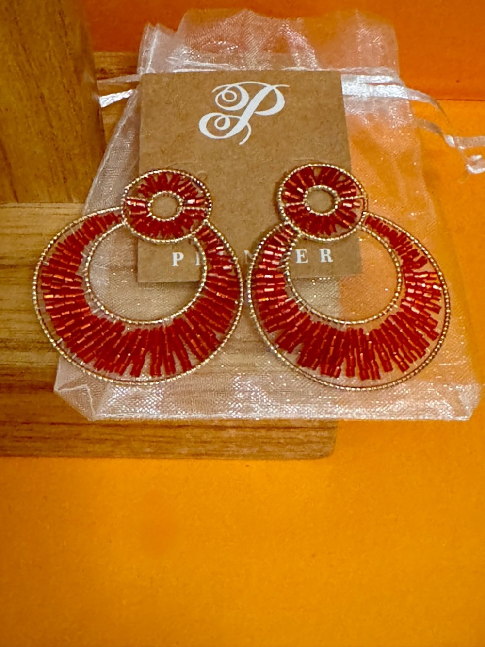 Plunder Harmony Double Hoop Earrings Red Glass Beads Plunder Design New + Pouch